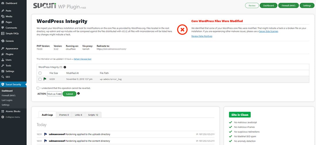 WordPress Sicherheits-Dashboard mit Warnmeldungen